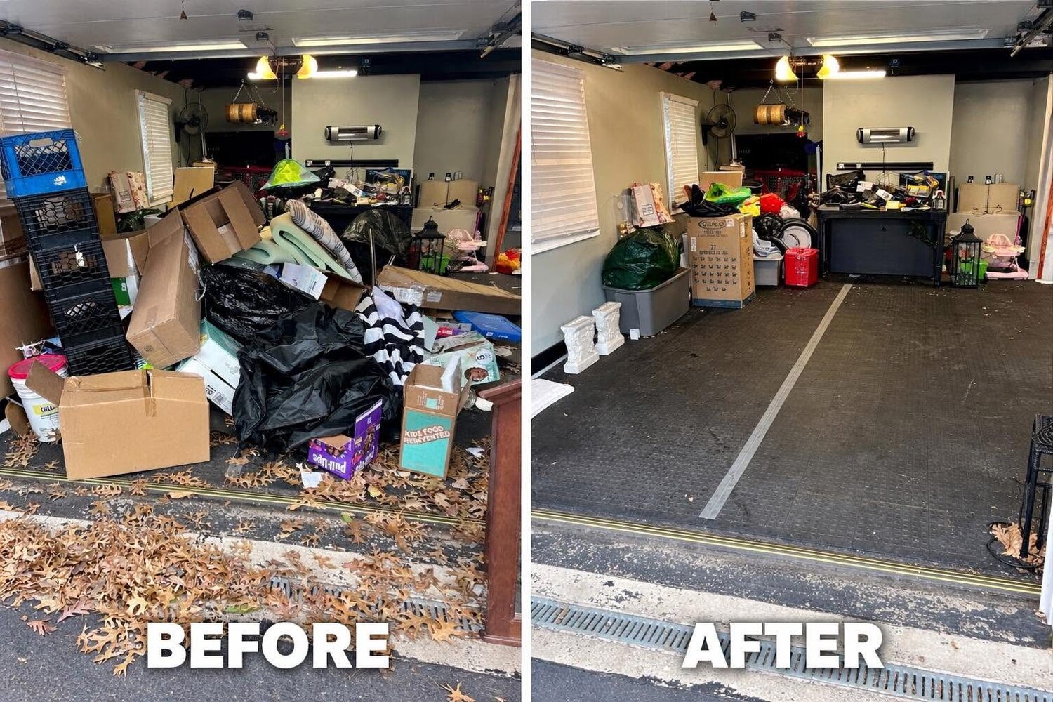 Garage in Doylestown, PA full of boxes and bags before, then swept clean after a Moodys junk removal cleanout