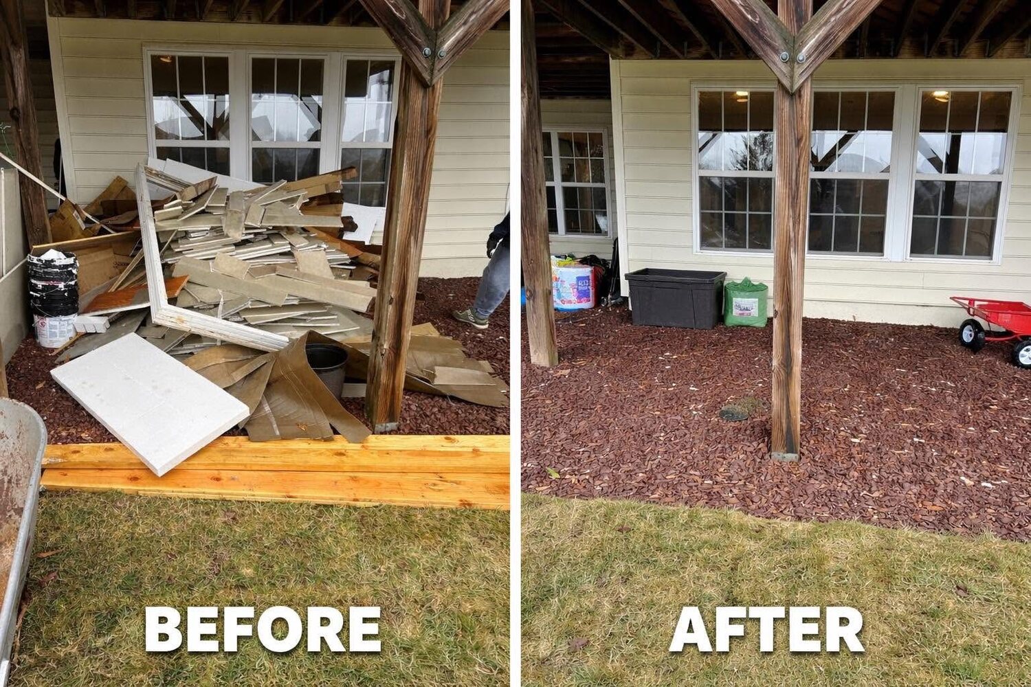 Torn-out deck lumber and debris in New Hope, PA before, then cleared and mulched after Moodys removal