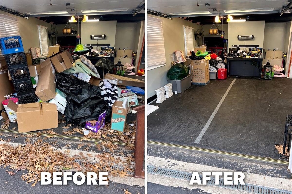 Garage before and after a full Moodys cleanout in Bucks County